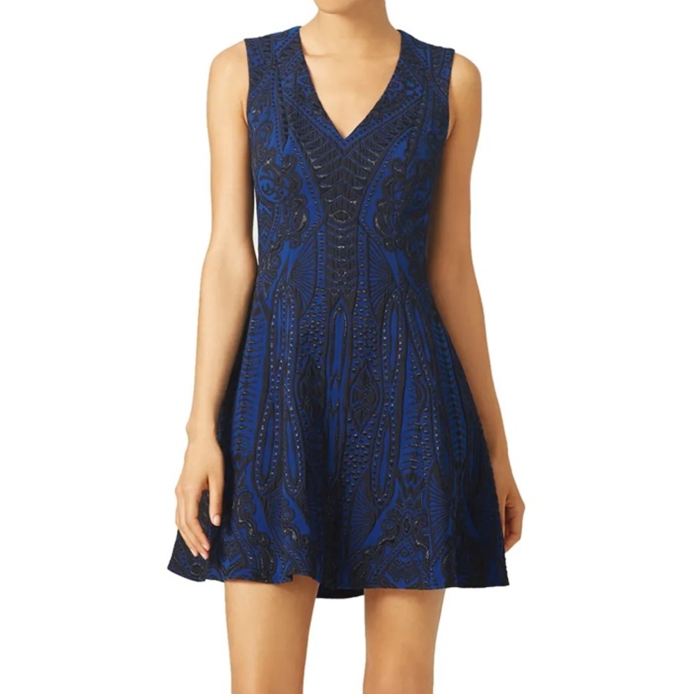 BCBGMaxAzria Blue and Black V‑Neck Fit‑and‑Flare Dress